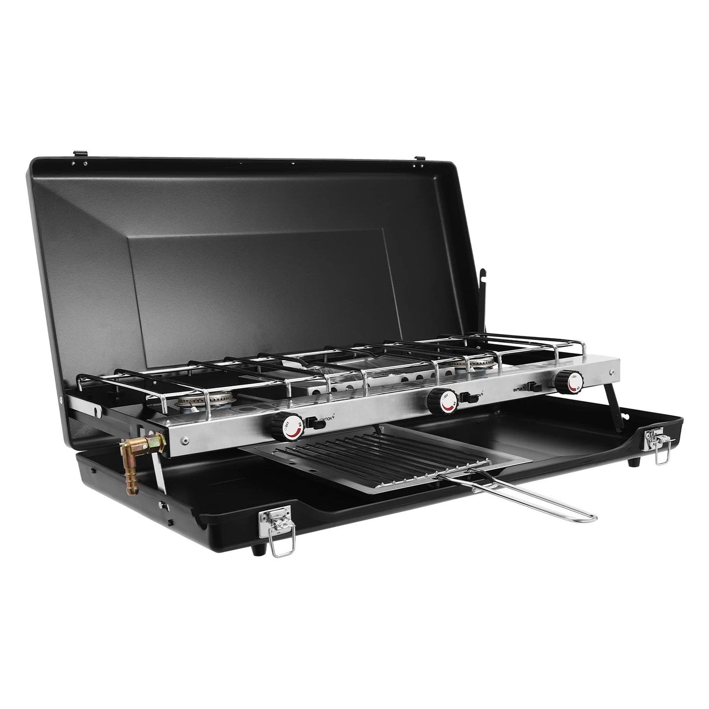 Portable Camping Stove 3-Burner Propane Griddle With Windshield