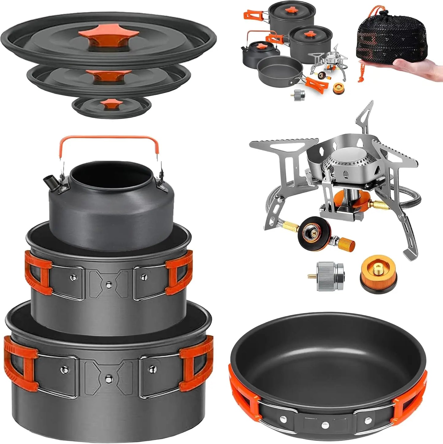 Camping Cookware Mess Kit With Stove Nonstick Aluminum Set