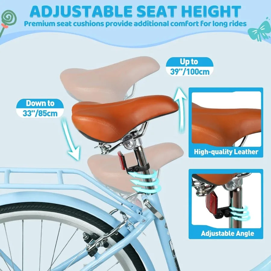 Beach Cruiser Bike Aluminum Frame 7-Speed With Front Basket