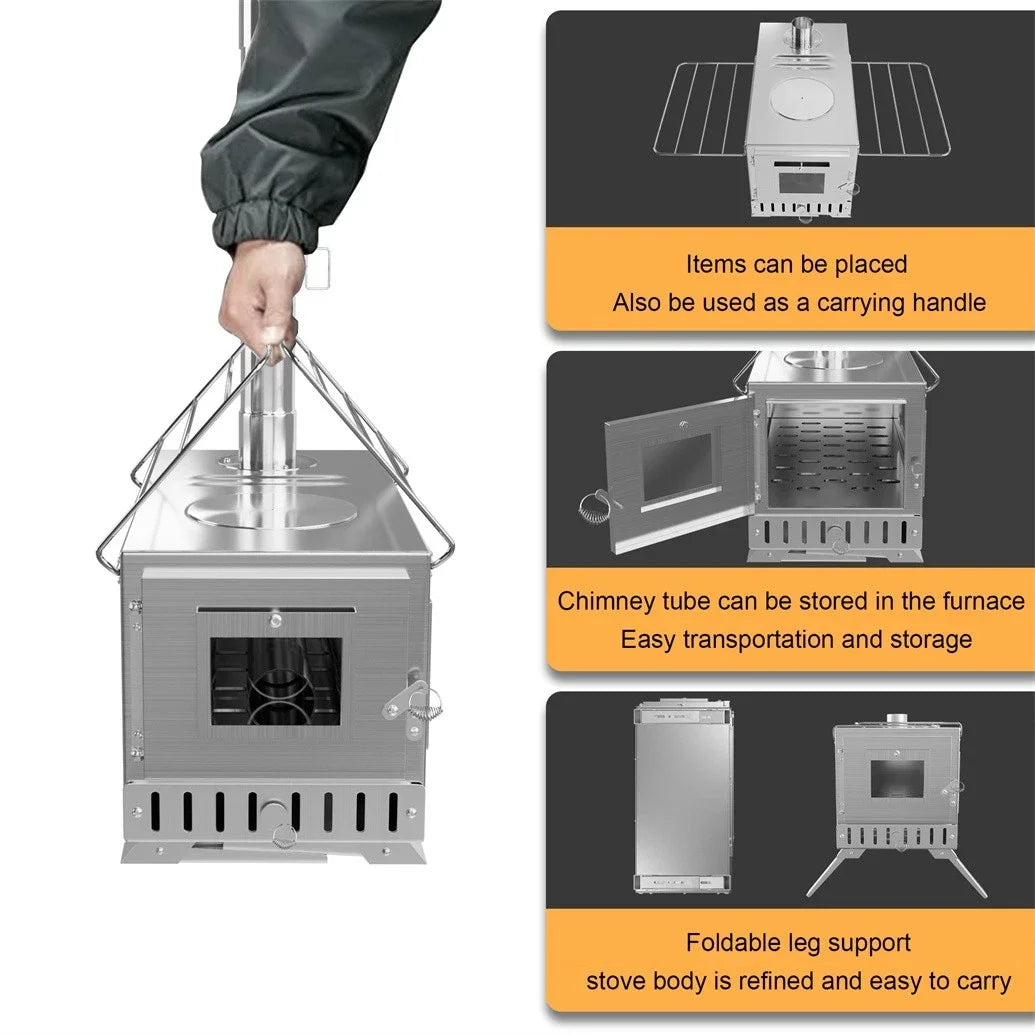 Wood Burning Stove Portable Stainless Steel With Chimney Pipes