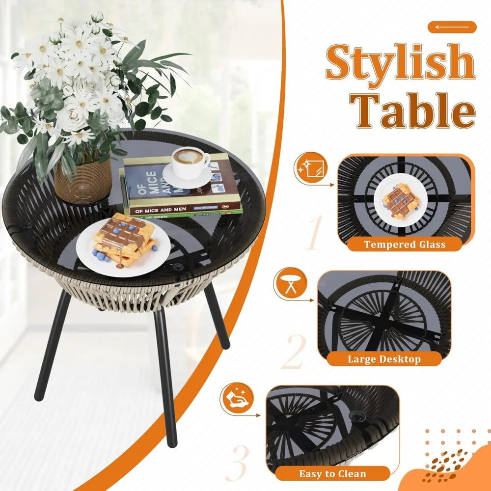 Hign-concerned Patio Furniture Set Rope Woven 3 Piece Glass Table