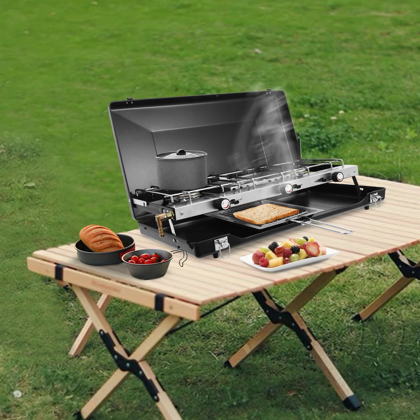 Portable Camping Stove 3-Burner Propane Griddle With Windshield