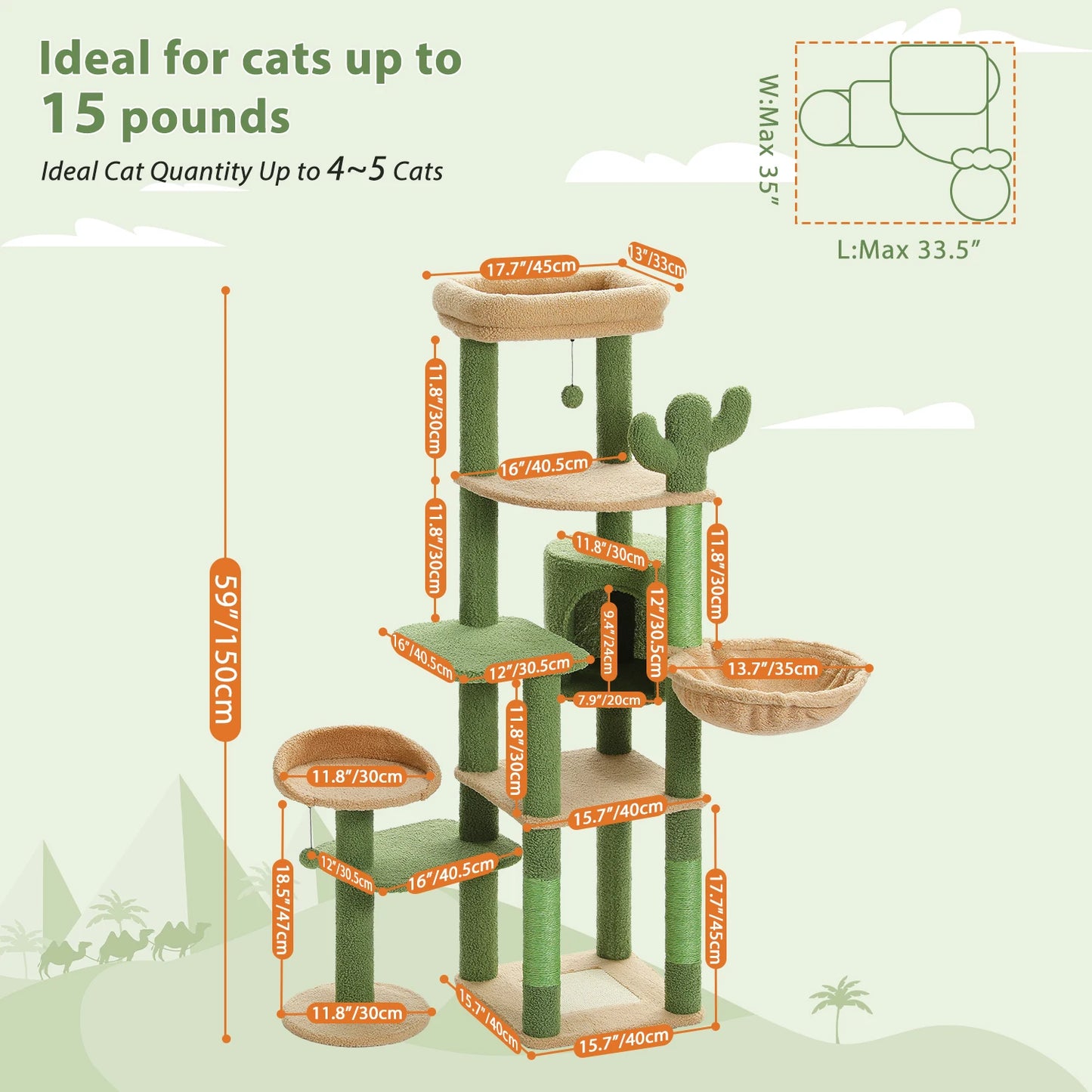 PETEPELACN Cat Tree Cactus Tall Multi-Level Indoor Condo