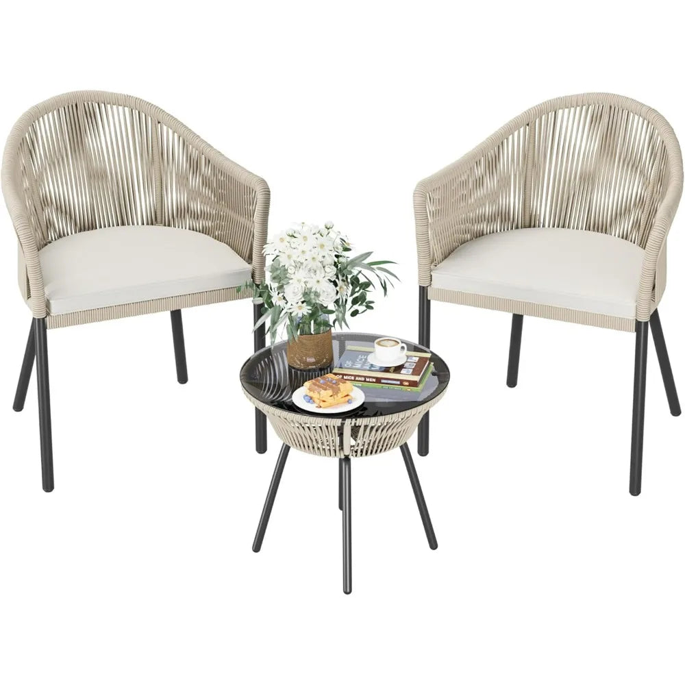 Hign-concerned Patio Furniture Set Rope Woven 3 Piece Glass Table
