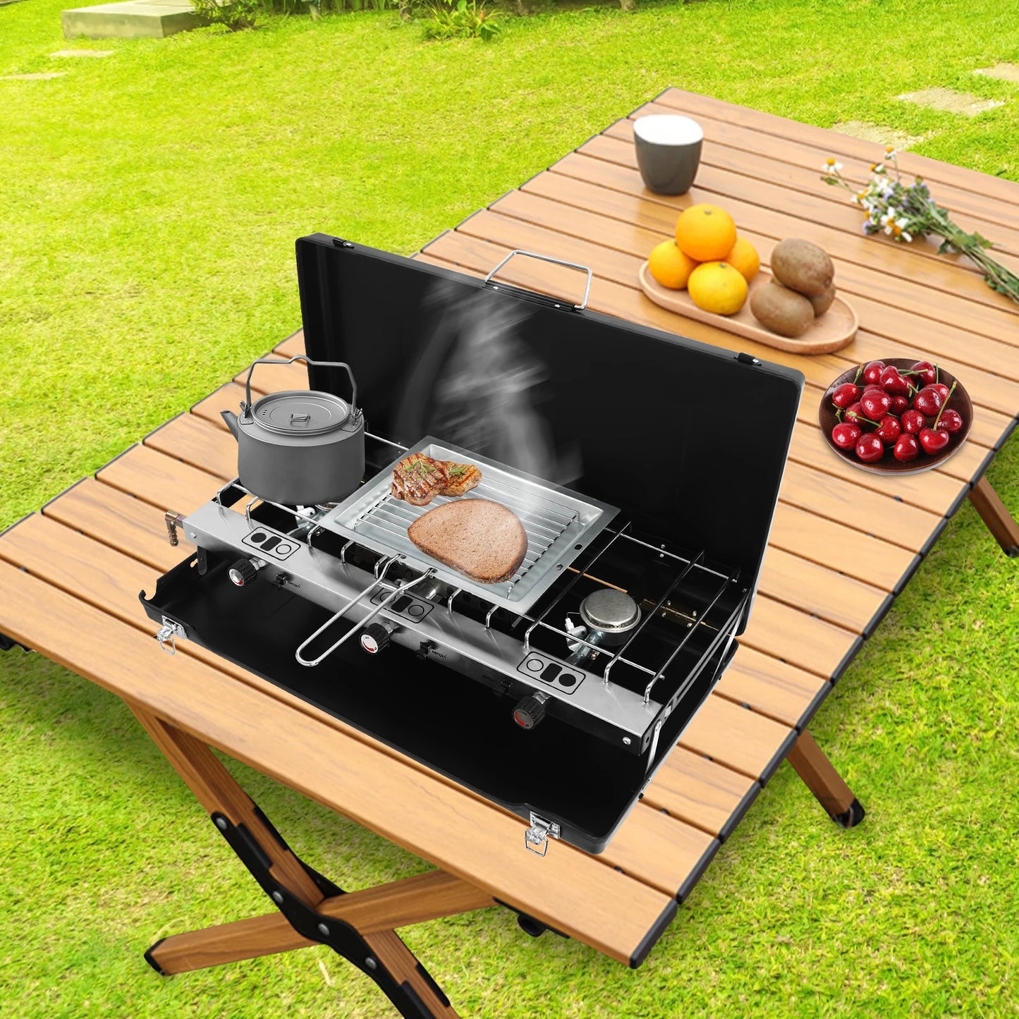 Portable Camping Stove 3-Burner Propane Griddle With Windshield