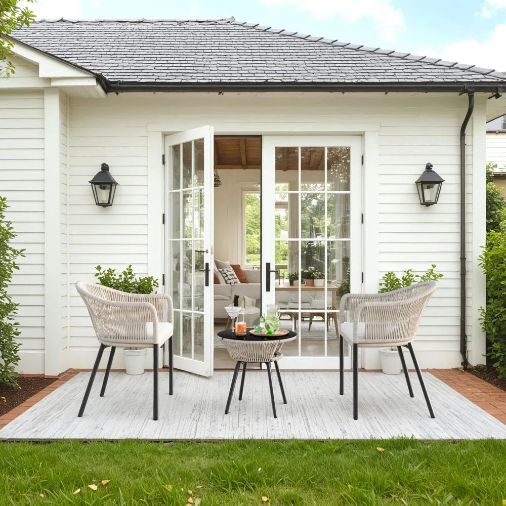 Hign-concerned Patio Furniture Set Rope Woven 3 Piece Glass Table
