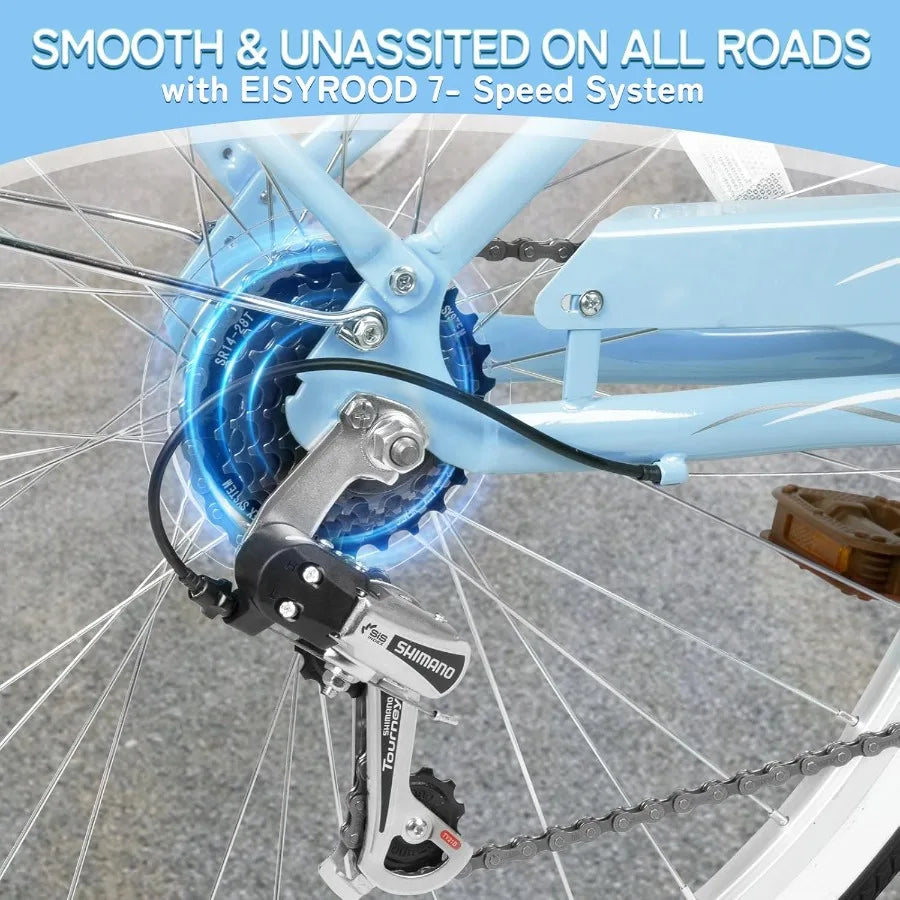 Beach Cruiser Bike Aluminum Frame 7-Speed With Front Basket