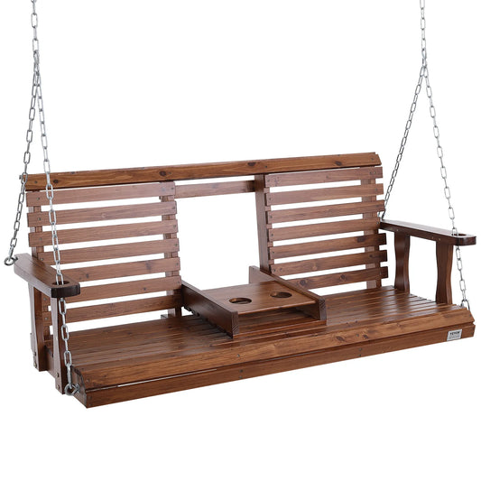 SucceBuy Durable Cedar Wood Porch Swing With Steel Chains