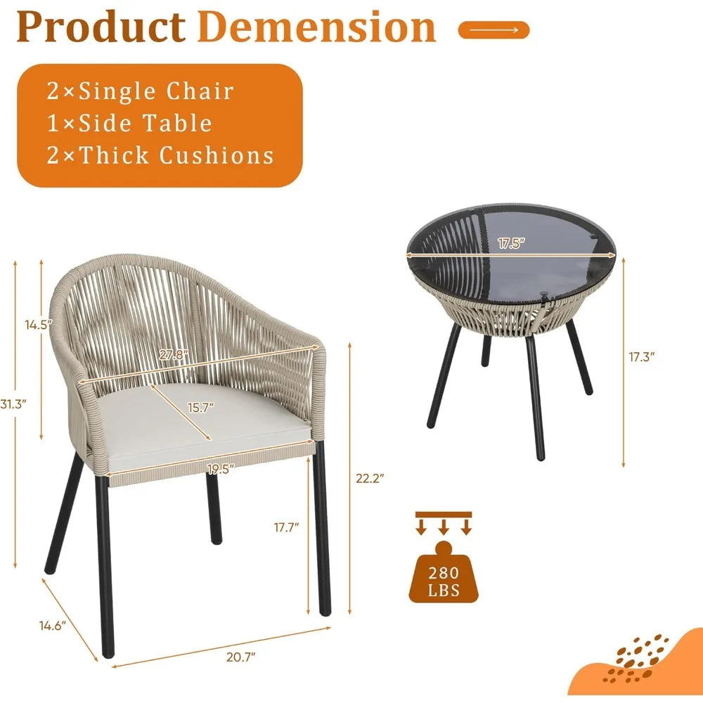 Hign-concerned Patio Furniture Set Rope Woven 3 Piece Glass Table