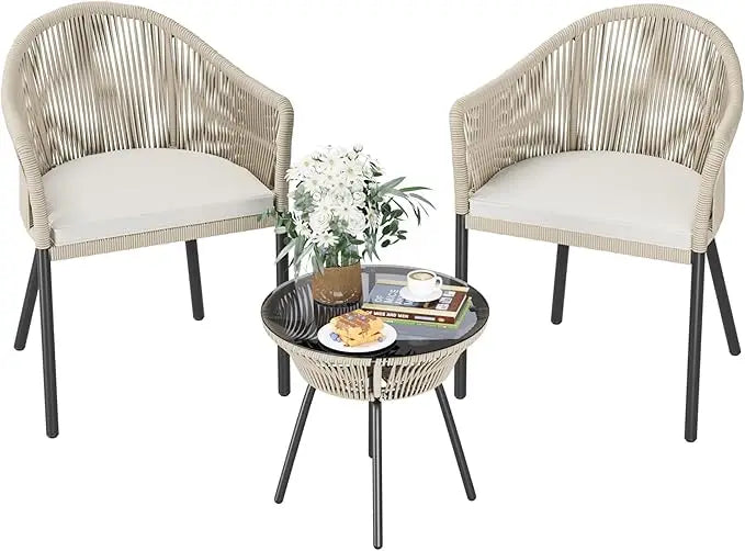 Hign-concerned Patio Furniture Set Rope Woven 3 Piece Glass Table