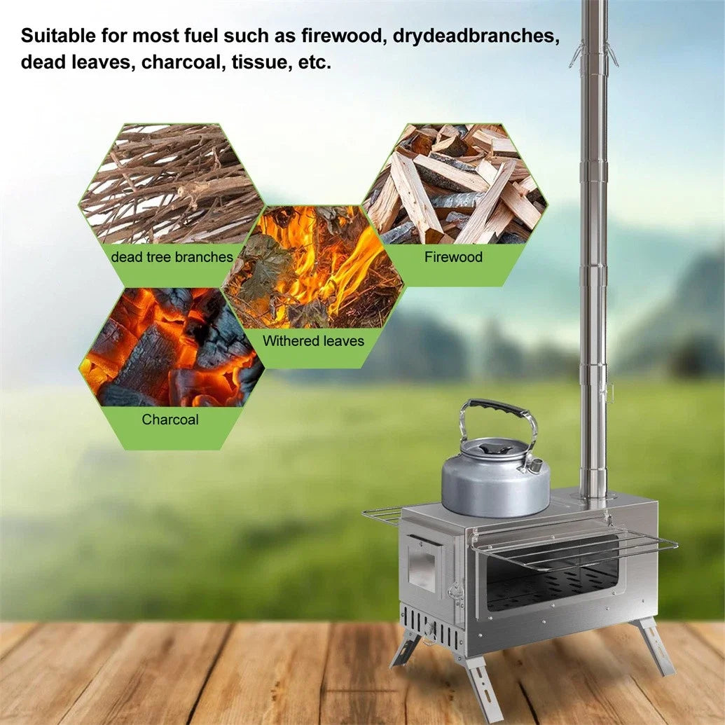 Wood Burning Stove Portable Stainless Steel With Chimney Pipes