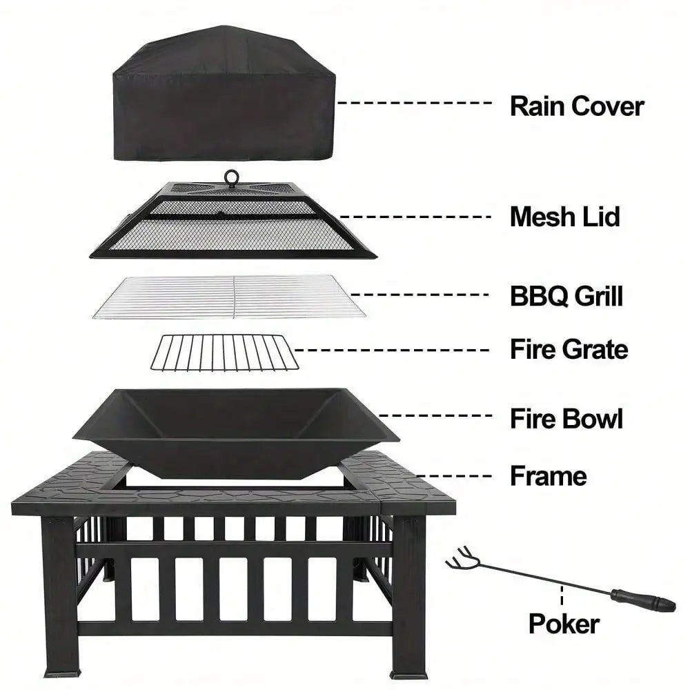 Hign-Concerned Fire Pit Metal Square Outdoor Patio With Cover