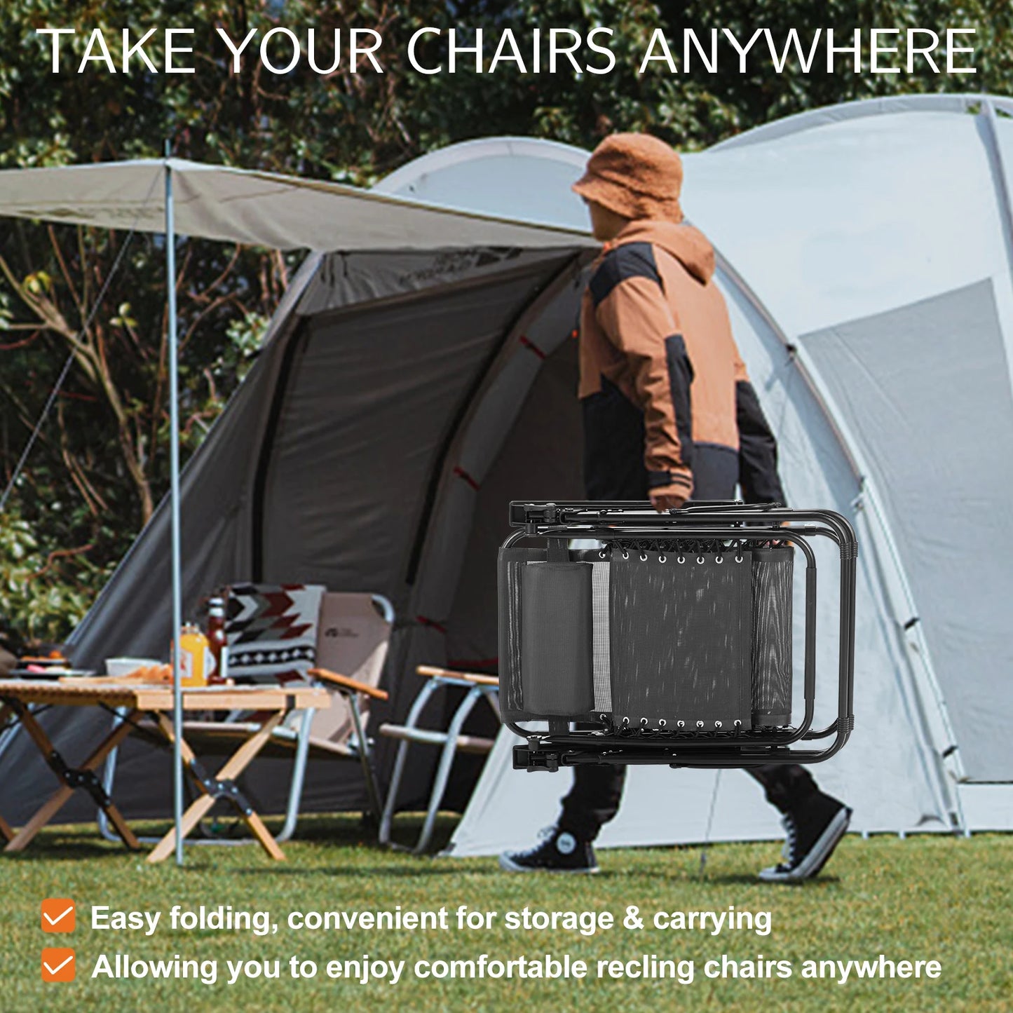 JHK Zero Gravity Recliners Set With Cup Holder Trays Portable