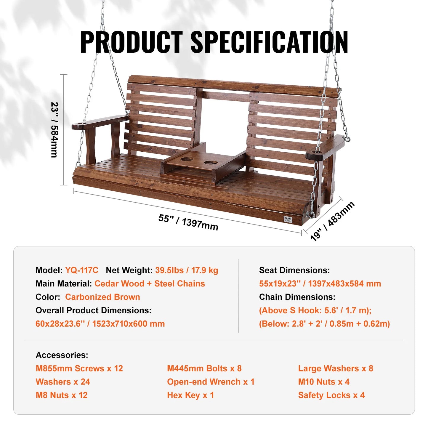 SucceBuy Durable Cedar Wood Porch Swing With Steel Chains