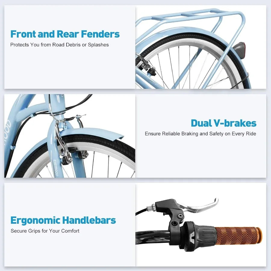 Beach Cruiser Bike Aluminum Frame 7-Speed With Front Basket