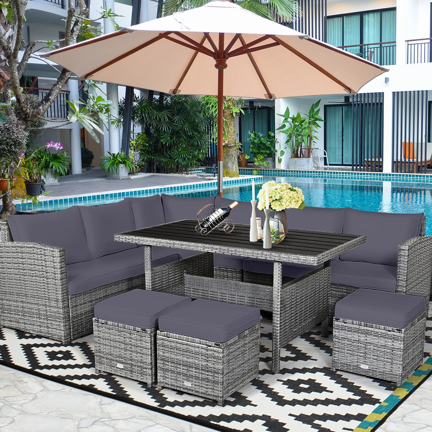 HOMASIS Patio Rattan Dining Set 7 Piece Sectional Sofa