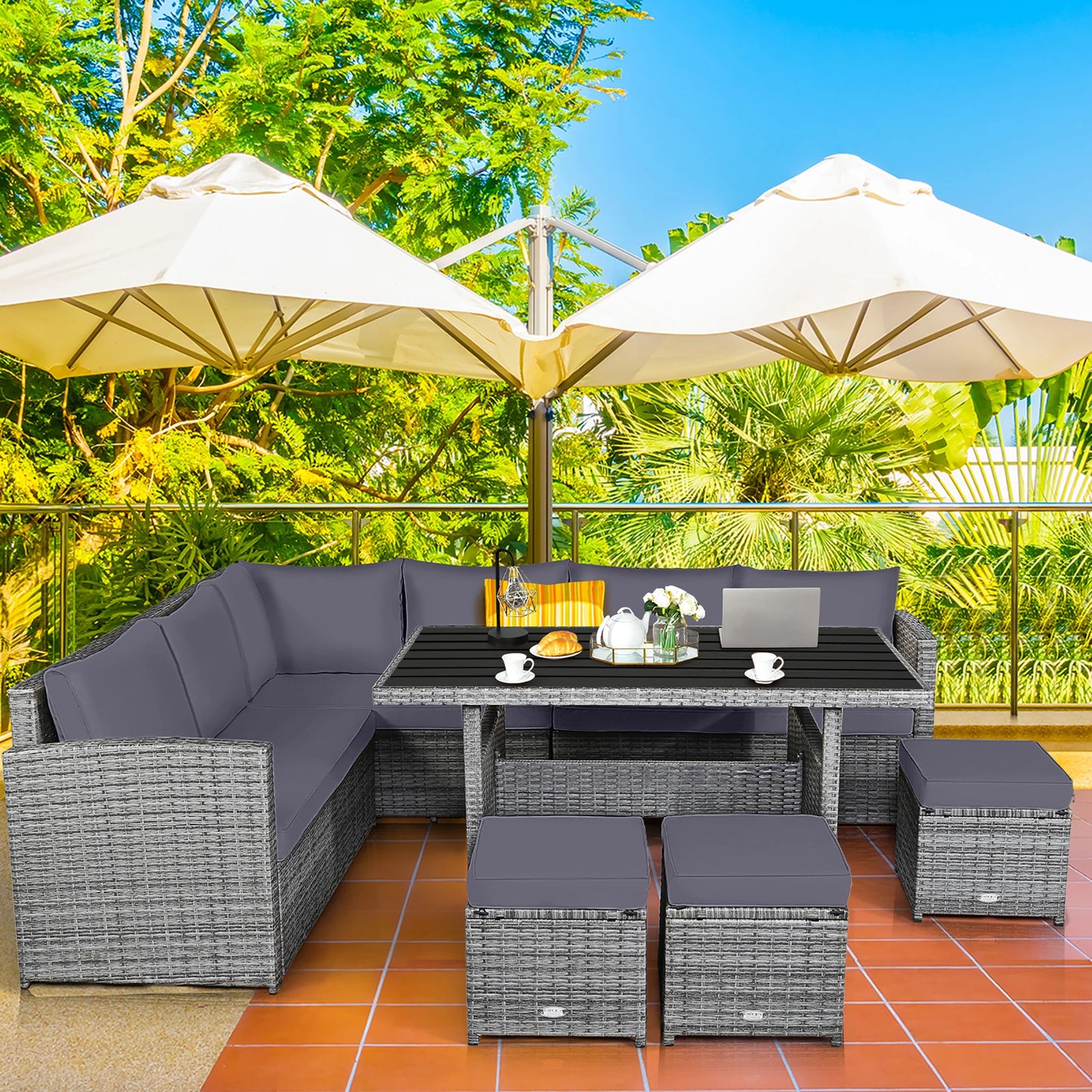 HOMASIS Patio Rattan Dining Set 7 Piece Sectional Sofa