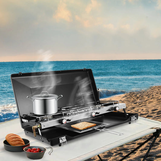 Portable Camping Stove 3-Burner Propane Griddle With Windshield